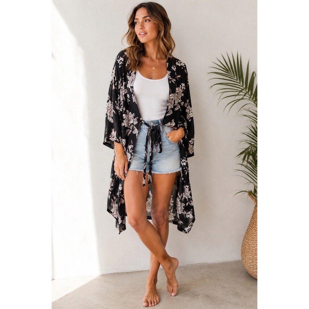 Spiritual Gangster Kimono Robe Cover Up Womens OS Black White Floral Whimsigoth